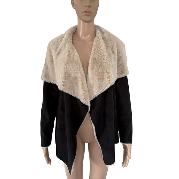 Euro Y2K Sherpa Lined Waterfall Jacket Black Beige Cozy Winter Softcore 40/M - Picture 3 of 9